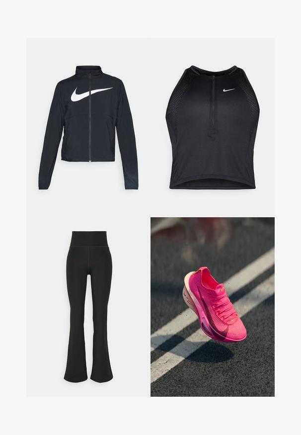 Čierna športová bunda na zips s vysokým golierom, dlhými rukávmi a veľkým bielym logom Nike na hrudi.; Čierny športový crop top so zipsom vpredu, sieťovými prvkami a priliehavým strihom. Vyrobený z pružného, priedušného materiálu. Logo Nike na prednej strane.; Čierne rozšírené legíny s vysokým pásom, vyrobené z elastického materiálu. Hladká textúra s minimálnymi švovými detailmi.; Športová obuv v jasne ružovej farbe, vyrobená z pleteného materiálu s textúrovaným povrchom, sieťovinovým zvrškom a bielou medzipodrážkou. Obsahuje logotyp "swoosh" v tmavo ružovej.