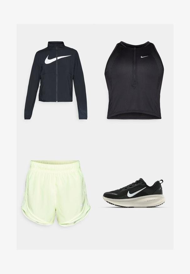 Čierna športová bunda na zips s vysokým golierom, dlhými rukávmi a veľkým bielym logom Nike na hrudi.; Čierny športový crop top so zipsom vpredu, sieťovými prvkami a priliehavým strihom. Vyrobený z pružného, priedušného materiálu. Logo Nike na prednej strane.; Svetlozelené športové šortky s elastickým pásom, sieťovinovými bočnými panelmi a malým bielym logom na dolnej ľavej strane.; Čierne bežecké topánky Nike s priedušnou sieťovinou, bielym logom s symbolom swoosh, textúrovanými detailmi a krémovou ZoomX medzipodrážkou.