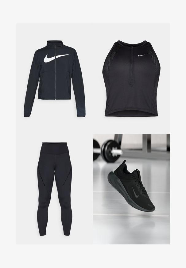 Čierna športová bunda na zips s vysokým golierom, dlhými rukávmi a veľkým bielym logom Nike na hrudi.; Čierny športový crop top so zipsom vpredu, sieťovými prvkami a priliehavým strihom. Vyrobený z pružného, priedušného materiálu. Logo Nike na prednej strane.; Čierne legíny s vysokým pásom, ktoré majú detaily s výrezmi po stranách a hladký, pružný materiál pre pohodlie.; Čierne športové tenisky s logom Nike, zobrazené vo vzduchu na podlahe telocvične, s rozmazaným regálom činkami v pozadí.