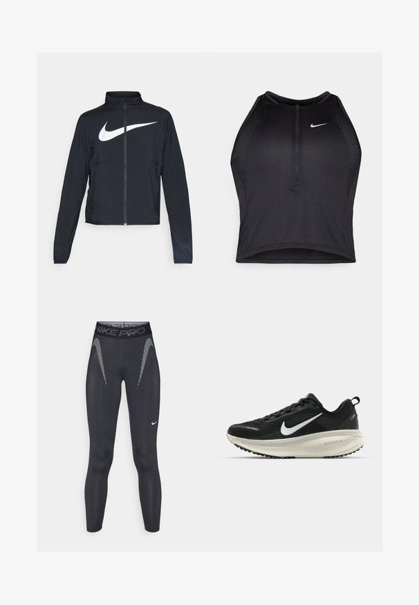 Must musta täispikk vary hoodie kõrge krae, pikad varrukad ja suur valge Nike swooshi logo rinnal.; Must negra spordiline crop top, millel on lukk ees, võrgukangast detailid ja vormiv disain. Valmistatud venivast ja hingavast kangast. Nike logo ees.; Must svartidepid, kõrge vöökoht, millel on peegeldavad diagonaalsed triibud ja väike valge logo vasakul jalal.; Musthave mustus Nike jooksujalats, millel on hingav võrgust ülemine osa, valge swoosh logo, tekstuuriga detailid ja kreemja värvusega ZoomX vahevöö.