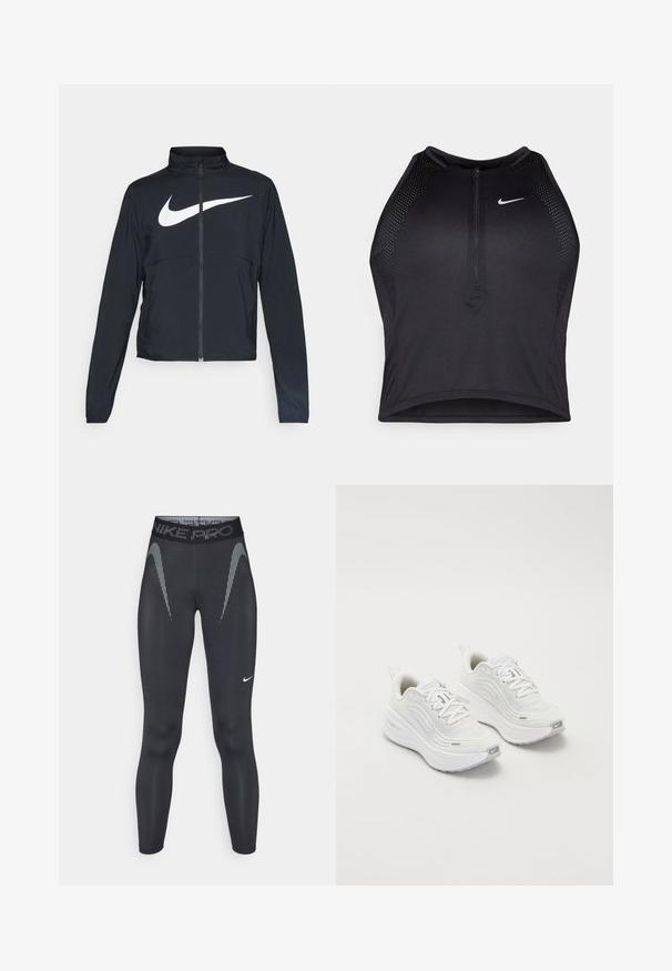 Črna športna jakna z polnim zadrgo, visokim ovratnikom, dolgimi rokavi in velikim belim logotipom Nike swoosh čez prsi.; Črn atletski kratki top z zadrgo spredaj, mrežastimi dodatki in prilegajočim dizajnom. Narejen iz raztegljivega, zračnega materiala. Logotip Nike spredaj.; Črne športne legice z visokim pasom, ki imajo odsevne diagonalne črte in majhen bel logotip na spodnjem levem delu noge.; Bele športne čevlje z teksturirano mrežasto zgornjico, oblazinjeno podplatom in subtilnimi sivimi detajli. Vključujejo blagovno znamko in zanko na peti za enostavno obuvanje.