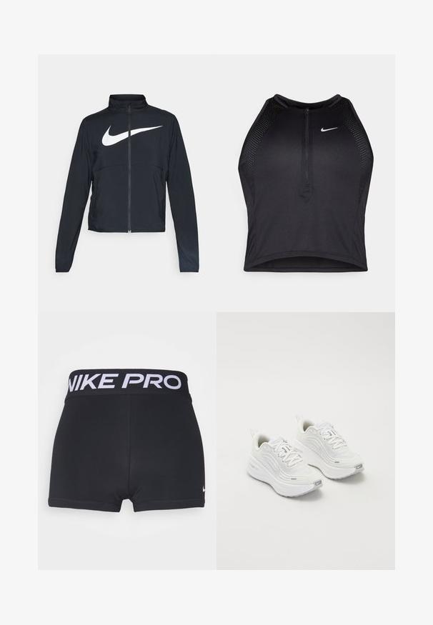Black full-zip sports jacket with high collar, long sleeves, and large white Nike swoosh logo across the chest.; Black athletic crop top with a zip-front, mesh accents, and a fitted design. Made from stretchy, breathable fabric. Nike logo on front.; Black athletic shorts with a wide, black waistband featuring "NIKE PRO" in white. Smooth, stretchy fabric and hem finishes are visible.; White athletic shoes with a textured mesh upper, cushioned sole, and subtle grey accents. Includes branding and looped heel tab for easy wear.