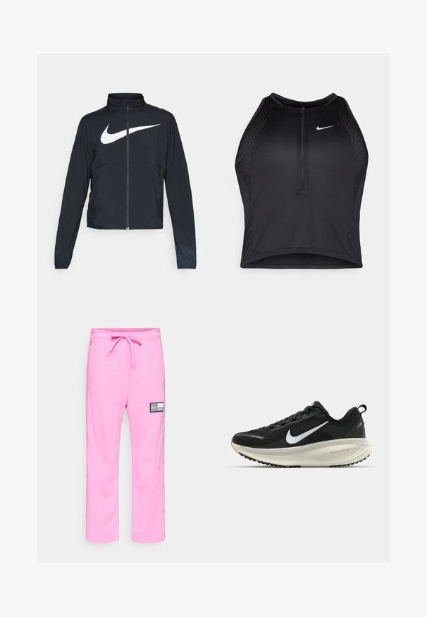 Črna športna jakna z polnim zadrgo, visokim ovratnikom, dolgimi rokavi in velikim belim logotipom Nike swoosh čez prsi.; Črn atletski kratki top z zadrgo spredaj, mrežastimi dodatki in prilegajočim dizajnom. Narejen iz raztegljivega, zračnega materiala. Logotip Nike spredaj.; Roza Nike trenirka s elastičnim pasom, vrvico, stranskimi žepi, snap gumbi ob nogah ter črno-belo logotipno oznako na stegnu.; Črne Nike tekaške čevlje z zračno mrežno zgornjim delom, belim logotipom Swoosh, teksturiranimi detajli in smetanasto barvnim srednjim delom ZoomX.