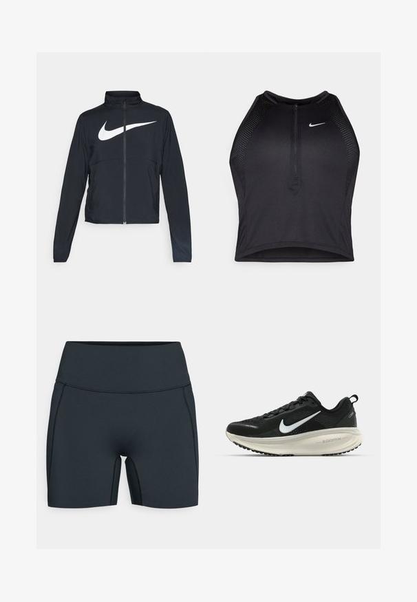 Čierna športová bunda na zips s vysokým golierom, dlhými rukávmi a veľkým bielym logom Nike na hrudi.; Čierny športový crop top so zipsom vpredu, sieťovými prvkami a priliehavým strihom. Vyrobený z pružného, priedušného materiálu. Logo Nike na prednej strane.; Čierne atletické nohavice vyrobené z elastického materiálu, s vysokým pásom, bočnými švami a elegantným dizajnom pre komfort a pohyb.; Čierne bežecké topánky Nike s priedušnou sieťovinou, bielym logom s symbolom swoosh, textúrovanými detailmi a krémovou ZoomX medzipodrážkou.