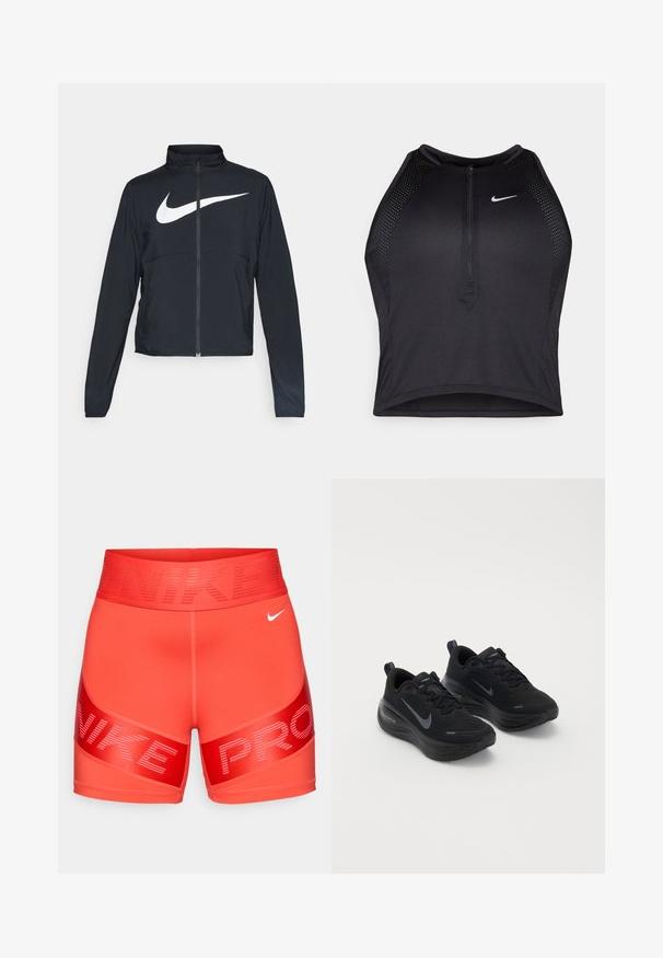 Crna sportska jakna s punim patentnim zatvaračem, visokim ovratnikom, dugim rukavima i velikim bijelim Nike swoosh logom preko grudi.; Crni sportski crop top s patentnim zatvaračem, mrežastim detaljima i prilagođenim dizajnom. Izrađen od rastezljivog, prozračnog materijala. Nike logo na prednjoj strani.; Svijetlo crvene Nike Pro kompresijske kratke hlače s širokim pojasom na kojem se ističe tekst "NIKE" i mali bijeli Nike swoosh na donjoj desnoj strani.; Crne atletske tenisice s teksturiranim gornjim dijelom, pertlanjem i debelim, ublaženim potplatom. Imaju sivi Nike logotip s svake strane.