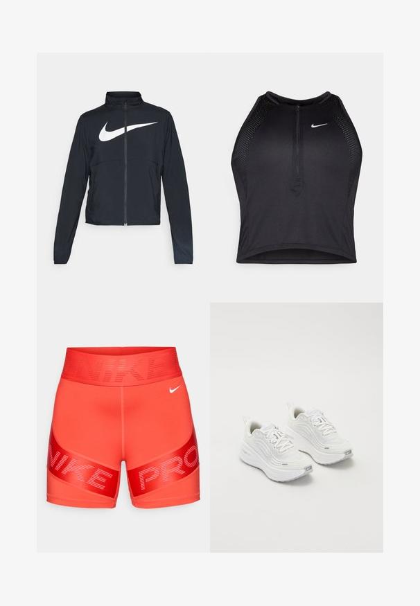 Juodas sportinis džemperis su visiškai užtraukiama užtrauktuku, aukšta apykakle, ilgomis rankovėmis ir dideliu baltu Nike swoosh logotipu per krūtinę.; Juodas sportinis trumpas viršus su užtrauktuku priekyje, tinklinėmis detalėmis ir prigludusia forma. Pagamintas iš tamprios, kvėpuojančios medžiagos. Nike logotipas priekyje.; Ryškiai raudoni Nike Pro kompresiniai šortai su plačiu juosmeniu, ant kurio yra užrašas "NIKE" ir mažas baltas Nike swoosh logotipas dešinėje pusėje.; Baltieji sportiniai batai su tekstūruota tinklelio viršutine dalimi, paminkštintu padu ir subtiliais pilkais akcentais. Yra prekės ženklas ir kilpa kulne, skirta lengvam užsidėjimui.