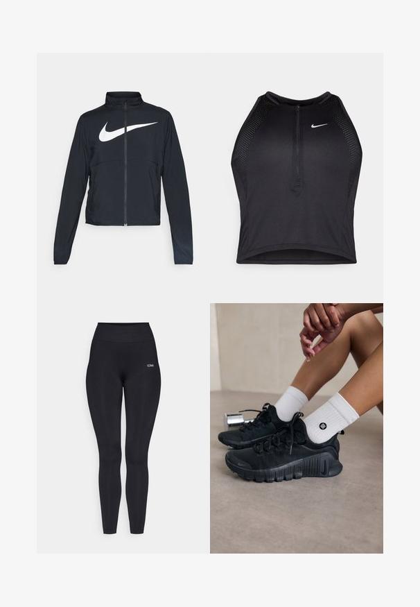 Veste de sport noire zippée sur toute la longueur avec un col haut, des manches longues et un grand logo Nike swoosh blanc sur la poitrine.; Crop top sportif noir avec fermeture éclair à l'avant, accents en mesh et design ajusté. Fabriqué en tissu extensible et respirant. Logo Nike à l'avant.; Leggings noirs avec une taille haute, fabriqués à partir d'un tissu lisse et extensible. Présente un petit logo près de la taille.; Chaussures de sport noires en tissu texturé, avec un design à lacets et une semelle proéminente, accompagnées de chaussettes blanches à côtes arborant un petit logo.