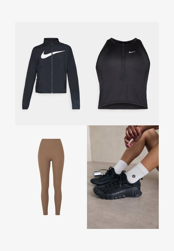 Čierna športová bunda na zips s vysokým golierom, dlhými rukávmi a veľkým bielym logom Nike na hrudi.; Čierny športový crop top so zipsom vpredu, sieťovými prvkami a priliehavým strihom. Vyrobený z pružného, priedušného materiálu. Logo Nike na prednej strane.; Hnedé rebrované legíny s vysokým pásom. Textília vyzerá elasticky a hladko, s minimálnym šitím a bez viditeľných vzorov.; Čierne športové topánky s textúrovanou látkou, šnurovací dizajn a výrazná podrážka, doplnené o biele rebrované ponožky s malým logom.