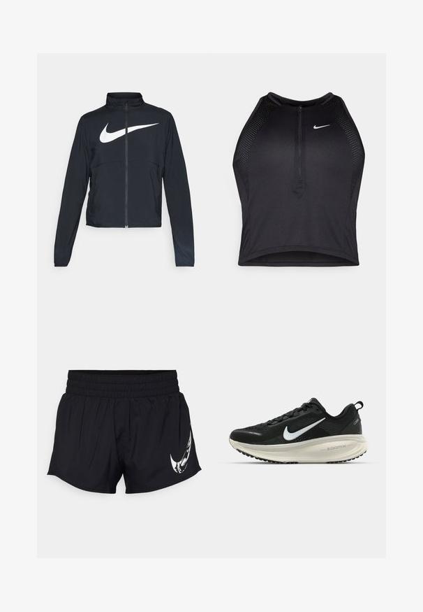 Chaqueta deportiva negra de cremallera completa con cuello alto, mangas largas y gran logo de Nike en blanco en el pecho.; Top corto deportivo negro con cremallera frontal, detalles de malla y un diseño ajustado. Fabricado con tejido elástico y transpirable. Logo de Nike en la parte frontal.; Nike Performance ONE - Pantalón corto de deporte - black/white; Zapatilla de running Nike negra con parte superior de malla transpirable, logo Swoosh blanco, detalles texturizados y una entresuela ZoomX de color crema.