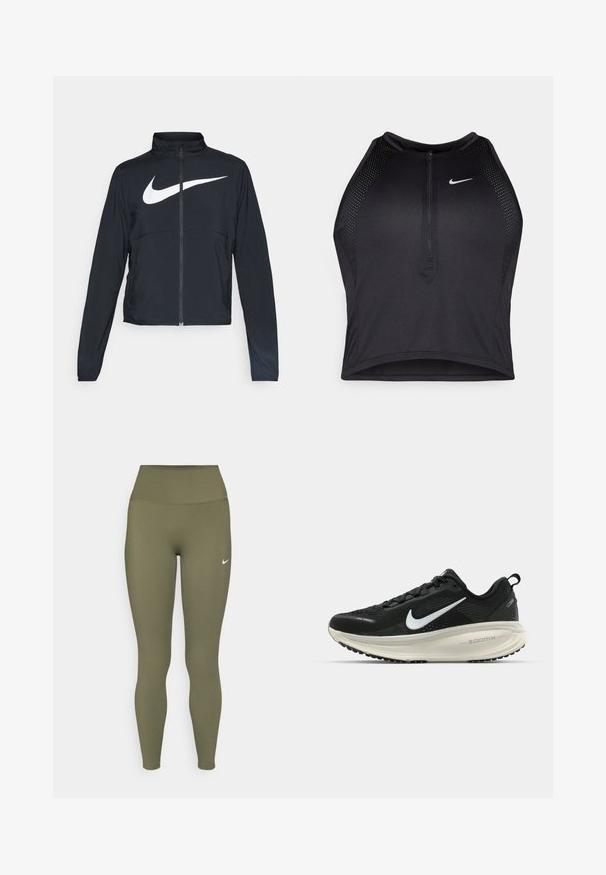 Jachetă sport neagră cu fermoar pe toată lungimea, guler înalt, mâneci lungi și un logo mare alb Nike swoosh pe piept.; Top sportiv black, cu croială scurtă, cu fermoar în față, accente din plasă și un design ajustat. Fabricat dintr-un material elastic și respirabil. Logo-ul Nike pe față.; Colanți de culoare verde măsliniu cu talie înaltă, confecționați dintr-un material neted și elastic, având un mic logo alb aproape de talie.; Pantofii de alergare negri de la Nike, cu parte superioară din plasă respirabilă, logo-ul alb Swoosh, detalii texturate și o talpă intermediară ZoomX de culoare crem.