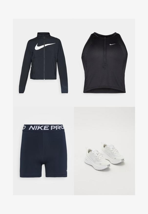 Giacca sportiva nera con zip completa, colletto alto, maniche lunghe e grande logo swoosh bianco Nike sul petto.; Top corto atletico nero con zip frontale, dettagli in rete e un design aderente. Realizzato in tessuto elasticizzato e traspirante. Logo Nike sul davanti.; Shorts Nike Pro di colore blu navy con vita elasticizzata, decorati con il logo bianco "NIKE PRO". Tessuto morbido e elastico con un design aderente.; Scarpe da ginnastica bianche con tomaia in rete testurizzata, suola ammortizzata e sottili dettagli grigi. Comprendono il branding e una linguetta sul tallone per una facile calzata.
