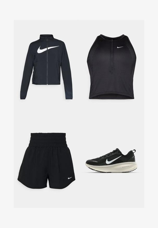 Must musta täispikk vary hoodie kõrge krae, pikad varrukad ja suur valge Nike swooshi logo rinnal.; Must negra spordiline crop top, millel on lukk ees, võrgukangast detailid ja vormiv disain. Valmistatud venivast ja hingavast kangast. Nike logo ees.; Mustad mustad lühikesed püksid elastse vöökoha, volditud disaini ja väikese valge Nike logo’ga vasakul alläärsal.; Musthave mustus Nike jooksujalats, millel on hingav võrgust ülemine osa, valge swoosh logo, tekstuuriga detailid ja kreemja värvusega ZoomX vahevöö.