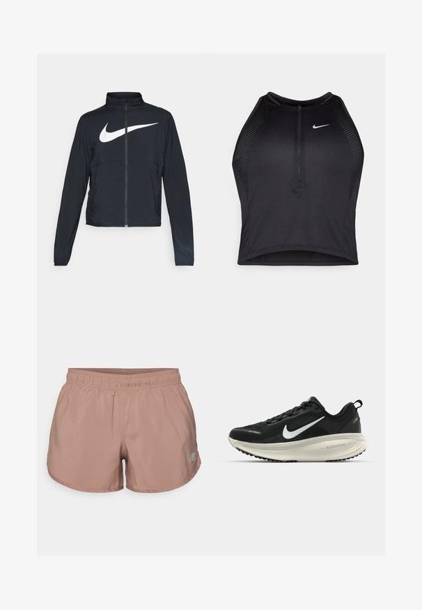 Fekete, teljes cipzáros sportdzseki magas gallérral, hosszú ujjal, amelyen egy nagy, fehér Nike logó található a mellkason.; Fekete sportos crop top, elöl cipzárral, hálós kiegészítőkkel és testhez álló kialakítással. Rugalmas, lélegző anyagból készült. Nike logó elöl.; Világosbarna sportos rövidnadrág, rugalmas derékkal és egy kis fényvisszaverő logóval az oldalon. Simább, könnyű anyagból készült.; Fekete Nike futócipő légáteresztő hálós felsőrésszel, fehér Swoosh logóval, textúrázott részletekkel és krém színű ZoomX középtalppal.