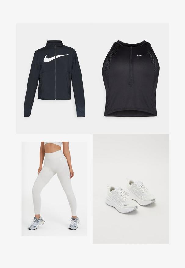 Črna športna jakna z polnim zadrgo, visokim ovratnikom, dolgimi rokavi in velikim belim logotipom Nike swoosh čez prsi.; Črn atletski kratki top z zadrgo spredaj, mrežastimi dodatki in prilegajočim dizajnom. Narejen iz raztegljivega, zračnega materiala. Logotip Nike spredaj.; Bele hlače visoko pasu z teksturiranimi paneli, gladkim finišem in logotipom na boku, v kombinaciji z sivimi športnimi copati.; Bele športne čevlje z teksturirano mrežasto zgornjico, oblazinjeno podplatom in subtilnimi sivimi detajli. Vključujejo blagovno znamko in zanko na peti za enostavno obuvanje.