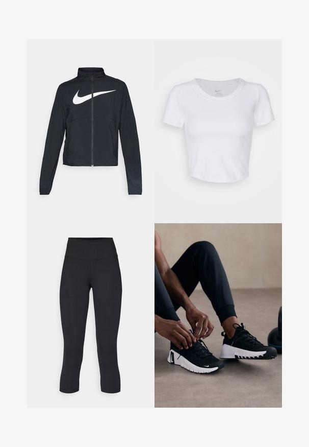 Jachetă sport neagră cu fermoar pe toată lungimea, guler înalt, mâneci lungi și un logo mare alb Nike swoosh pe piept.; Top scurt alb, cu mâneci scurte, realizat dintr-un material sintetic neted. Are un decolteu rotund și logo-ul Nike pe interiorul gulerului.; Leggings negre scurte, fabricate dintr-un material elastic, având o talie înaltă și o textură netedă, fără modele sau accesorii vizibile.; Pantofi atletici negri cu o parte superioară texturată de culoare neagră, talpă albă și brant din cauciuc. Sireturi legate, evidențiind un design elegant și logo-ul.