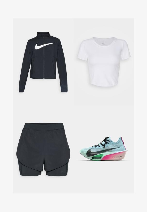 Black full-zip sports jacket with high collar, long sleeves, and large white Nike swoosh logo across the chest.; White, short-sleeved crop top made of smooth, synthetic material. Features a round neckline and Nike logo inside the collar.; Black athletic shorts with a layered design, featuring a smooth outer layer and fitted inner shorts. Made of lightweight, stretch fabric.; Nike running shoe featuring a light blue knit upper, black accents, a green AIR ZOOM midsole, and a pink and white gradient outsole.