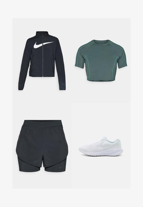 Musta urheilutakki, jossa on täysivetoketju, korkea kaulus, pitkät hihat ja suuri valkoinen Nike-tikkauksella rintaosa.; Lyhythihainen tummanvihreä crop top, jossa on vaaleanvihreät tikkaukset ja pyöreä pääntie, istuva malli.; Mustat urheilushortsit kerroksellisella designilla, joissa on sileä ulkopinta ja tiukasti istuvat sisäshortsit. Valmistettu kevyestä, joustavasta kankaasta.; Valkoiset urheilukengät, joissa on verkkomateriaali, teksturoitu muotoilu, pyöristetty kärki, pehmustettu kaulus ja vaaleansinisiä yksityiskohtia kantapäässä. Kumiulkopohja.
