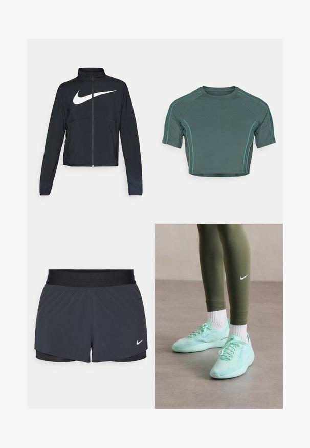 Must musta täispikk vary hoodie kõrge krae, pikad varrukad ja suur valge Nike swooshi logo rinnal.; Tume rohelisest kangast lühikeste varrukatega crop top, millel on kontrastsed heledamad rohelised õmblused ja ümar kaelus, sobiva kujundusega.; Mustad must sportlikud lühikesed püksid, millel on elastne vöökoht, kihiline disain ja väike valge Nike logo vasakul all. Kerge materjal.; Heledad müntzrohelised Nike tennisekesed, millel on võrgu pealmine osa ja tekstureeritud tallad, koos oliivroheliste retuuside ja valgete sokkidega.