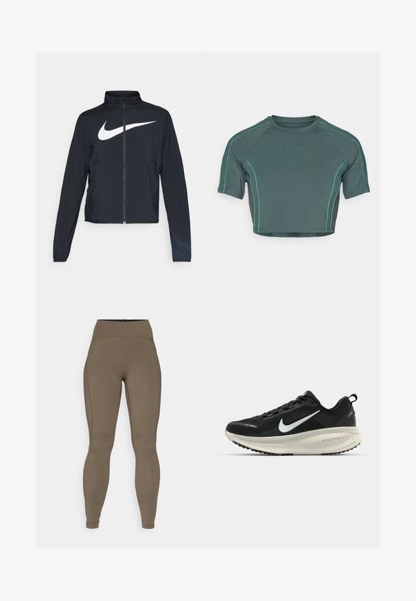 Svart joggebund med hel glidelås, høy krage, lange ermer og stort hvitt Nike swoosh-logo over brystet.; Crop top laget av mørkegrønt stoff med korte ermer, kontrasterende lysgrønn søm, og rund hals med en tettsittende design.; Høyt liv, brune leggings laget av glatt, elastisk stoff med forsterkede sømmer og en tettsittende fasong, ideelle for aktiv bruk.; Svart Nike løpesko med pustende mesh-overdel, hvit swoosh-logo, teksturert detaljer og en kremfarget ZoomX mellomsåle.