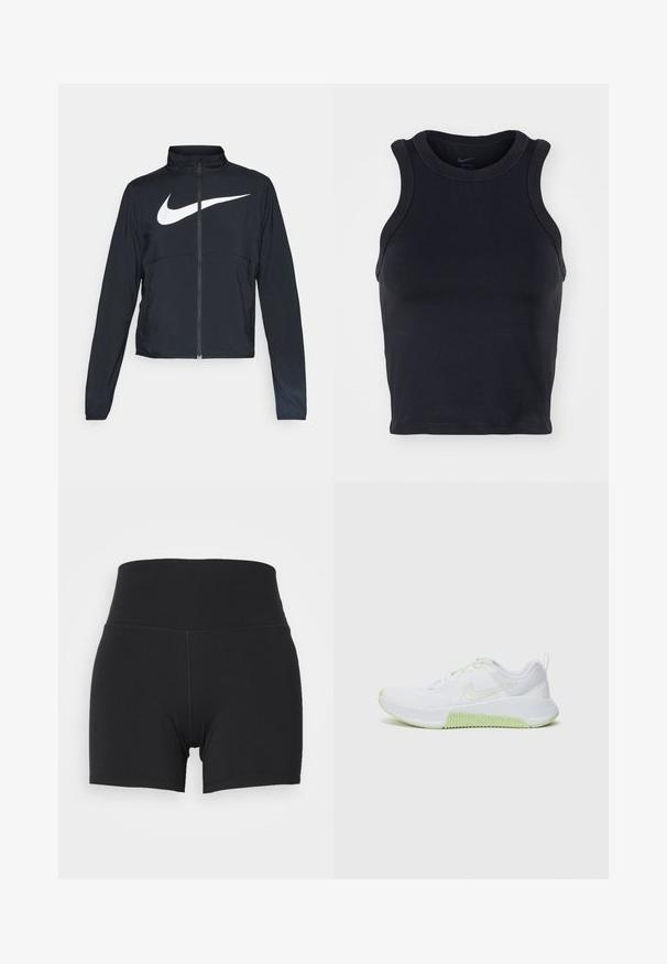 Čierna športová bunda na zips s vysokým golierom, dlhými rukávmi a veľkým bielym logom Nike na hrudi.; Čierny, bezrukávový športový crop top s okrúhlym výstrihom, vyrobený z hladkej látky. Obsahuje zosilnené švy a priliehavý strih.; Čierne športové šortky s vysokým elastickým pásom, vyrobené z hladkej, elastickej tkaniny. Majú priliehavý strih a minimálne švy.; Biele športové tenisky s textúrovaným sieťovaným zvrškom, limetkovozelené akcenty na podrážke a šnúrkach, a zaoblený dizajn špičky pre flexibilitu.