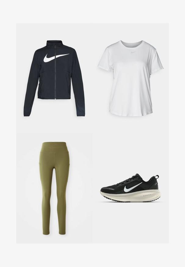 Melnā sporta jaka ar pilnu rāvējslēdzēju, augstu apkakli, garām piedurknēm un lielu baltu Nike swoosh logotipu krūšu daļā.; Balta īsām piedurknēm T-kreklā, kas izgatavota no gludas auduma, ar apaļo kakla izgriezumu un mazu pelēku Nike logo uz krūšu.; Olivza zaļa augsto jostasvīru legingi ar sānu kabatām un šuvju detaļām, izkārtoti plakni uz baltas fona.; Melnas Nike skriešanas kurpes ar elpojošu acs augšdaļu, baltu Swoosh logotipu, strukturētu apdari un krēmkrāsas ZoomX starpsole.