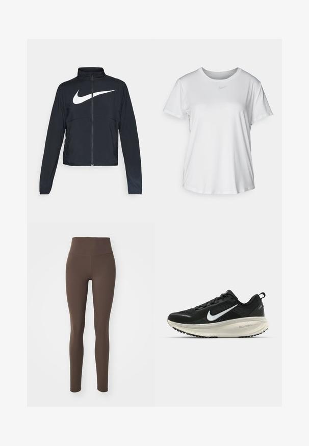 Chaqueta deportiva negra de cremallera completa con cuello alto, mangas largas y gran logo de Nike en blanco en el pecho.; Camiseta blanca de manga corta hecha de tejido suave, con un escote redondo y un pequeño logo de Nike gris en el pecho.; Nike Performance ONE - Leggings - ironstone/black; Zapatilla de running Nike negra con parte superior de malla transpirable, logo Swoosh blanco, detalles texturizados y una entresuela ZoomX de color crema.
