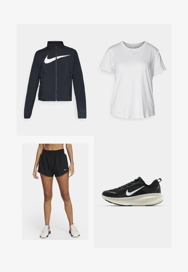 Fekete, teljes cipzáros sportdzseki magas gallérral, hosszú ujjal, amelyen egy nagy, fehér Nike logó található a mellkason.; Fehér, rövid ujjú póló sima anyagból, kerek nyakkivágással és egy kis szürke Nike logóval a mellkason.; Fekete sportos rövidnadrág laza szabással, elasztikus derékkal és ívelt szegéllyel. A bal alsó oldalon egy kis fehér Nike logó található.; Fekete Nike futócipő légáteresztő hálós felsőrésszel, fehér Swoosh logóval, textúrázott részletekkel és krém színű ZoomX középtalppal.