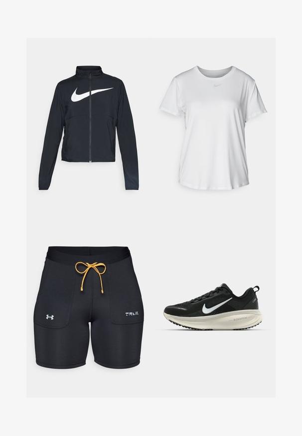 Chaqueta deportiva negra de cremallera completa con cuello alto, mangas largas y gran logo de Nike en blanco en el pecho.; Camiseta blanca de manga corta hecha de tejido suave, con un escote redondo y un pequeño logo de Nike gris en el pecho.; Pantalones cortos deportivos negros con un cordón amarillo, con bolsillos laterales y el logo de Under Armour en plata. Tejido suave y elástico.; Zapatilla de running Nike negra con parte superior de malla transpirable, logo Swoosh blanco, detalles texturizados y una entresuela ZoomX de color crema.