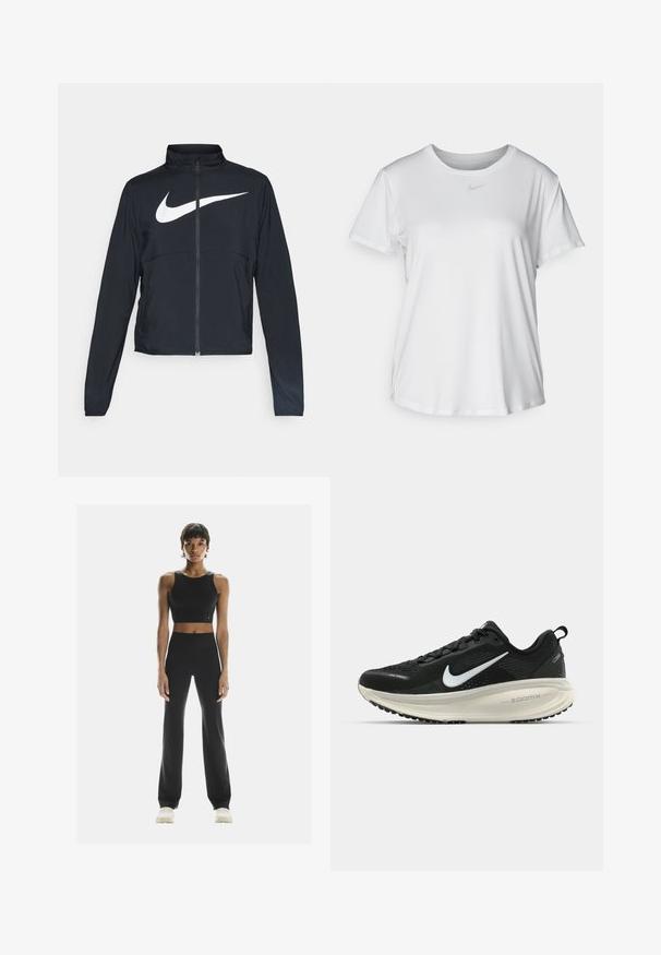 Czarna bluza sportowa na zamek błyskawiczny z wysokim kołnierzem, długimi rękawami i dużym białym logo Nike na klatce piersiowej.; Biała koszulka z krótkim rękawem, uszyta z gładkiego materiału, z okrągłym dekoltem i małym szarym logo Nike na piersi.; On FLARED czarny; Czarna biegowa półbut z oddychającej siateczki, białym logo swoosh, teksturowanymi detalami oraz kremową podeszwą środkową ZoomX.