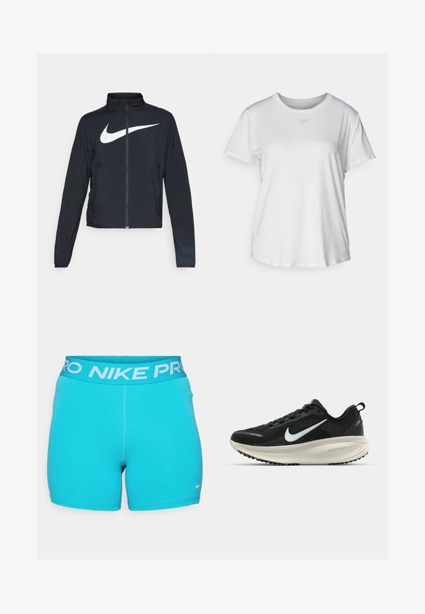 Giacca sportiva nera con zip completa, colletto alto, maniche lunghe e grande logo swoosh bianco Nike sul petto.; T-shirt bianco a maniche corte realizzato in tessuto liscio, con scollatura tonda e un piccolo logo grigio Nike sul petto.; Pantaloni da allenamento turchesi con una cintura larga e la scritta "NIKE PRO" in bianco. Realizzati in tessuto morbido con un design aderente.; Scarpa da corsa nera Nike con tomaia in rete traspirante, logo Swoosh bianco, dettagli testurizzati e intersuola ZoomX di colore crema.