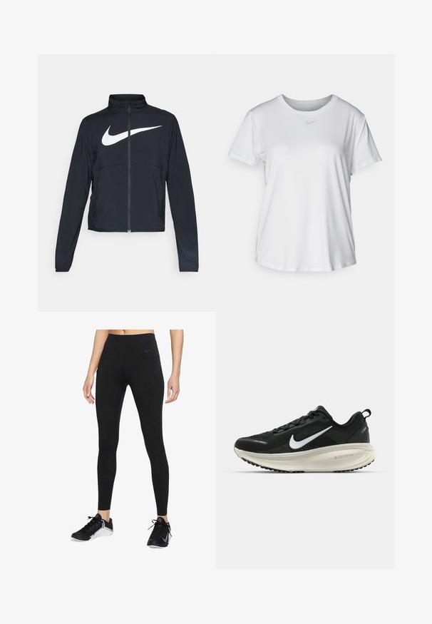 Črna športna jakna z polnim zadrgo, visokim ovratnikom, dolgimi rokavi in velikim belim logotipom Nike swoosh čez prsi.; Bela kratka majica s kratkimi rokavi, izdelana iz gladkega blaga, z okroglim izrezom in majhnim sivim logotipom Nike na prsih.; Črne športne legice z visokim pasom, izdelane iz elastičnega materiala. Imajo stranske žepe in diskreten Nike logotip na pasu.; Črne Nike tekaške čevlje z zračno mrežno zgornjim delom, belim logotipom Swoosh, teksturiranimi detajli in smetanasto barvnim srednjim delom ZoomX.