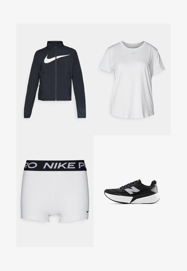 Black full-zip sports jacket with high collar, long sleeves, and large white Nike swoosh logo across the chest.; White short-sleeve T-shirt made of smooth fabric, featuring a round neckline and a small grey Nike logo on the chest.; White athletic shorts with a black Nike Pro waistband. Features a smooth texture and a small black Nike logo near the hem.; Black and white New Balance running shoe with thick sole, mesh upper, and "N" logo on the side, viewed from the outer side.