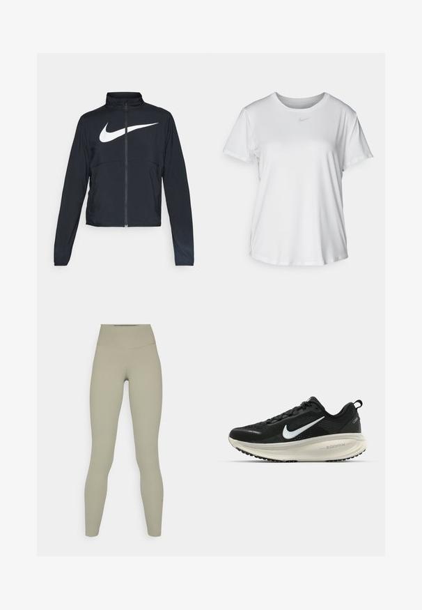 Zwarte sportjas met volledige rits, hoge kraag, lange mouwen en groot wit Nike swoosh-logo op de borst.; Witte T-shirt met korte mouwen van gladde stof, met een ronde halslijn en een klein grijs Nike-logo op de borst.; Hoge taille, aansluitende leggings van een zacht, gedempt olijfgroen materiaal met een gladde textuur en zonder zichtbare patronen of hardwaredetails.; Zwarte Nike hardloopschoen met ademend mesh bovenwerk, witte swoosh-logo, gestructureerde details en een crèmekleurige ZoomX middenzool.