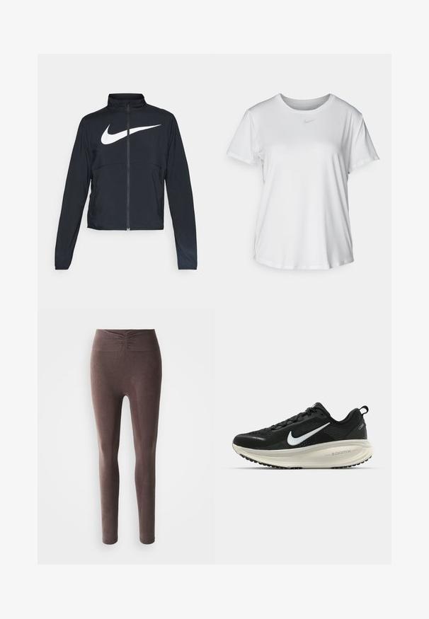 Czarna bluza sportowa na zamek błyskawiczny z wysokim kołnierzem, długimi rękawami i dużym białym logo Nike na klatce piersiowej.; Biała koszulka z krótkim rękawem, uszyta z gładkiego materiału, z okrągłym dekoltem i małym szarym logo Nike na piersi.; Brązowe legginsy typu high-waist z prążkowanej tkaniny, z marszczeniami na pasku w talii, przedstawione na białym tle.; Czarna biegowa półbut z oddychającej siateczki, białym logo swoosh, teksturowanymi detalami oraz kremową podeszwą środkową ZoomX.