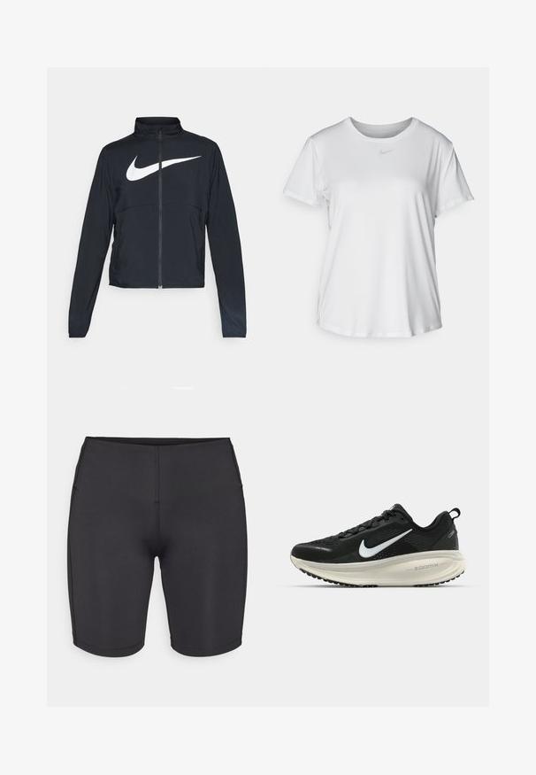 Veste de sport noire zippée sur toute la longueur avec un col haut, des manches longues et un grand logo Nike swoosh blanc sur la poitrine.; T-shirt blanc à manches courtes en tissu lisse, avec un col rond et un petit logo Nike gris sur la poitrine.; Even&Odd active LOW RISE CYCLING SHORTS
- Leggings - black; Baskets de course noir Nike avec tige respirante en mesh, logo swoosh blanc, détails texturés et semelle intermédiaire ZoomX de couleur crème.