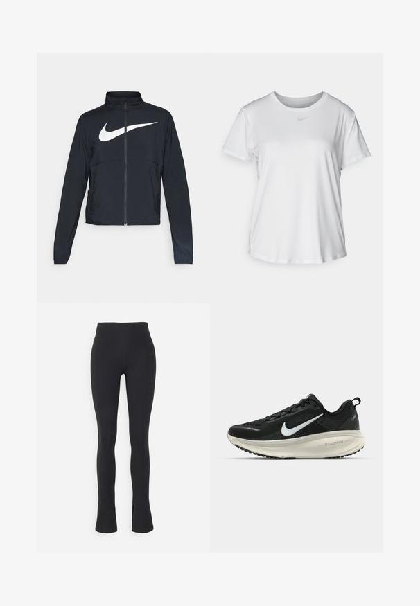 Czarna bluza sportowa na zamek błyskawiczny z wysokim kołnierzem, długimi rękawami i dużym białym logo Nike na klatce piersiowej.; Biała koszulka z krótkim rękawem, uszyta z gładkiego materiału, z okrągłym dekoltem i małym szarym logo Nike na piersi.; Nike Performance - Rajstopy; Czarna biegowa półbut z oddychającej siateczki, białym logo swoosh, teksturowanymi detalami oraz kremową podeszwą środkową ZoomX.