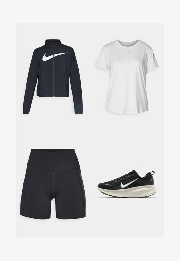Giacca sportiva nera con zip completa, colletto alto, maniche lunghe e grande logo swoosh bianco Nike sul petto.; T-shirt bianco a maniche corte realizzato in tessuto liscio, con scollatura tonda e un piccolo logo grigio Nike sul petto.; Pantaloni sportivi neri realizzati in materiale elastico, caratterizzati da una vita alta e cuciture flatlock. Il dettaglio laterale include il marchio in un colore a contrasto.; Scarpa da corsa nera Nike con tomaia in rete traspirante, logo Swoosh bianco, dettagli testurizzati e intersuola ZoomX di colore crema.
