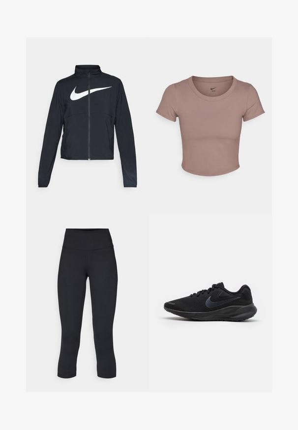 Juodas sportinis džemperis su visiškai užtraukiama užtrauktuku, aukšta apykakle, ilgomis rankovėmis ir dideliu baltu Nike swoosh logotipu per krūtinę.; Ruda trumpa marškinėliai, pagaminti iš lygaus audinio, su apvali kaklo linija ir trumpomis rankovėmis. Nike logotipas atspausdintas ant apykaklės vidinės pusės.; Juodos apkarpytos legginsai, pagaminti iš tamprios medžiagos, su aukšta juosmens linija ir glotnia tekstūra, be matomų raštų ar detalių.; Juoda bėgimo batelis su kvėpuojančia tinkline viršutine dalimi, tekstūruotais akcentais, plokščiomis raištelėmis ir tvirtu guminiu padu, turinčiu lengvą kulno pakilimą.