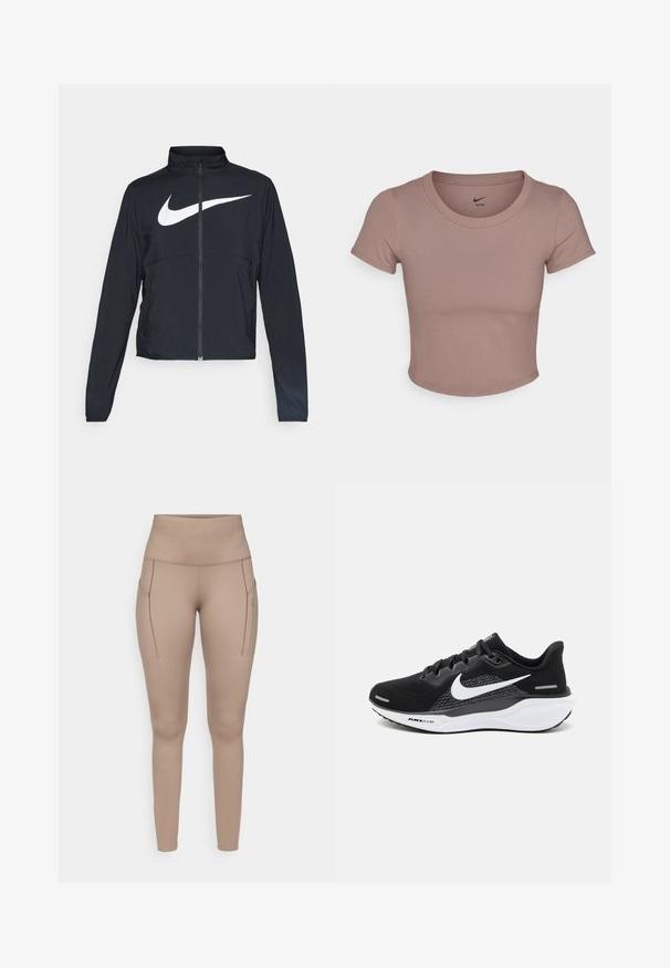 Must musta täispikk vary hoodie kõrge krae, pikad varrukad ja suur valge Nike swooshi logo rinnal.; Pruun lühikeste varrukatega lühikese lõikega T-särk, mis on valmistatud siledast kangast ja millel on ümar kaelus. Nike logo on trükitud krae sisse.; Beige sportlikud legginsid kõrge vöökohaga, millel on kaks külgtaskut ja sile, veniv kangas. Diskreetne hall logo detail.; Mustad mustreeritud ülikondadega mustad sportlikud jalanõud, millel on võrkkangas, valge Nike logo ja valge pehmendatud tald tekstuursete detailidega.