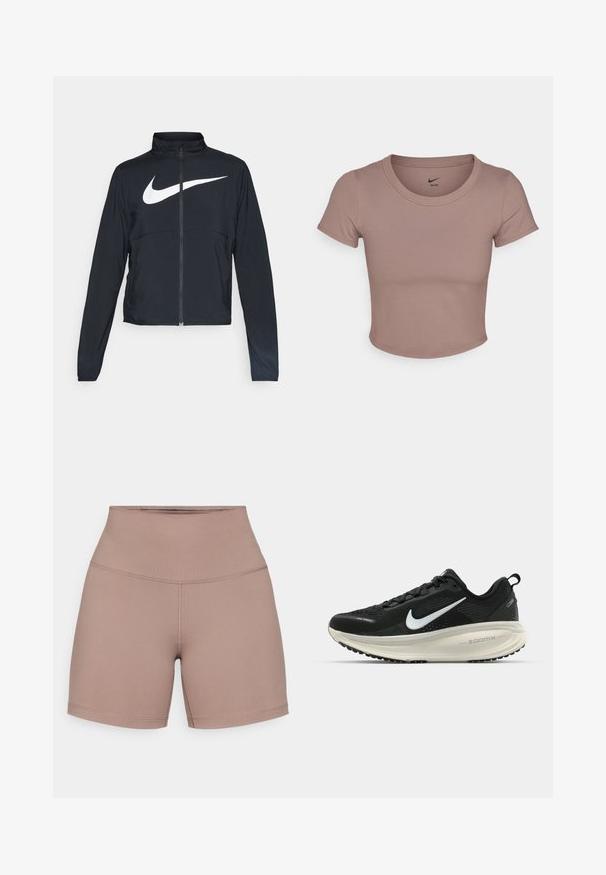 Chaqueta deportiva negra de cremallera completa con cuello alto, mangas largas y gran logo de Nike en blanco en el pecho.; Camiseta corta marrón hecha de una tela suave, con escote redondo y mangas cortas. Logo de Nike impreso en el interior del cuello.; Shorts de cintura alta hechos de una tela suave y elástica en un color marrón apagado. Presentan costuras planas y un diseño ajustado para mayor comodidad.; Zapatilla de running Nike negra con parte superior de malla transpirable, logo Swoosh blanco, detalles texturizados y una entresuela ZoomX de color crema.