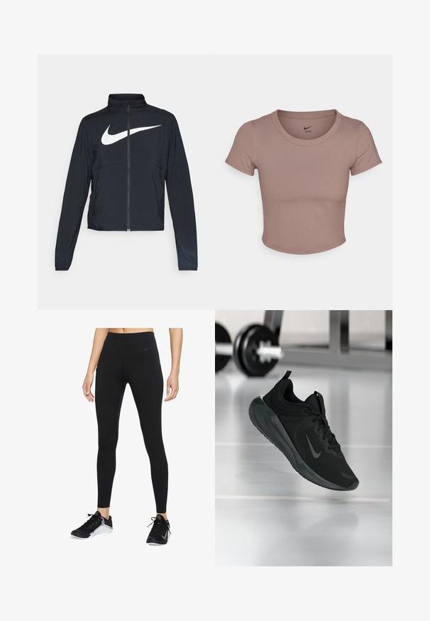 Giacca sportiva nera con zip completa, colletto alto, maniche lunghe e grande logo swoosh bianco Nike sul petto.; T-shirt corto marrone realizzato in tessuto liscio, con scollo rotondo e maniche corte. Logo Nike stampato all'interno del colletto.; Leggings sportivi neri con vita alta, realizzati in materiale elasticizzato. Presentano tasche laterali e un discreto logo Nike sulla vita.; Sneaker sportivo nero con logo Nike, mostrato in volo su un pavimento da palestra, con un supporto per pesi sfocato sullo sfondo.