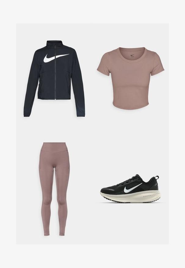 Casaco desportivo preto com fecho éclair completo, gola alta, mangas longas e grande logótipo branco da Nike na parte frontal.; T-shirt castanho cropped feito de tecido suave, com gola redonda e mangas curtas. Logo da Nike impresso na parte interna da gola.; Leggings de cintura alta numa cor malva suave, feitos com tecido elástico, costuras planas e bolsos laterais. Textura lisa e design ajustado.; Sapatilha de corrida Nike preta com parte superior de malha respirável, logotipo Swoosh branco, detalhes texturizados e uma entressola ZoomX na cor creme.