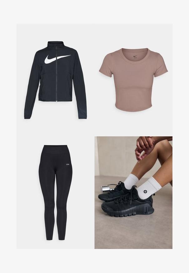 Schwarze Sportjacke mit vollem Reißverschluss, hohem Kragen, langen Ärmeln und großem weißen Nike-Swoosh-Logo auf der Brust.; Braunes, tailliertes T-Shirt aus glattem Stoff mit Rundhalsausschnitt und kurzen Ärmeln. Nike-Logo im Kragen bedruckt.; Schwarze Leggings mit einem hohen Bund, aus einem glatten, dehnbaren Stoff hergestellt. Mit einem kleinen Logodetail in der Nähe des Bundes.; Schwarze Sportschuhe aus strukturiertem Stoff, mit Schnürdesign und auffälliger Sohle, kombiniert mit weißen gerippten Socken, die ein kleines Logo tragen.
