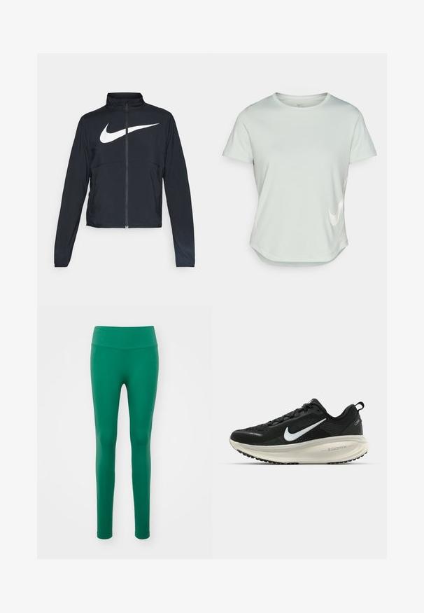 Černá sportovní bunda na zip s vysokým límcem, dlouhými rukávy a velkým bílým logem Nike swoosh přes prsa.; Světlé zelené sportovní tričko s krátkým rukávem a kulatým výstřihem. Na přední straně se nachází bílé logo Nike a zakulacený lem. Hladká textura.; Zelené legíny s přiléhavým střihem a širokým, žebrovaným pasem. Vyrobené z hladkého materiálu, bez viditelných vzorů či akcentů. Plná délka.; Černá běžecká obuv Nike s prodyšným síťovaným svrškem, bílým logem swoosh, texturovanými detaily a krémovou mezipodešví ZoomX.