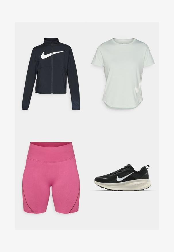 Black full-zip sports jacket with high collar, long sleeves, and large white Nike swoosh logo across the chest.; Light green short-sleeve athletic shirt with a round neck. Features a white Nike logo on the front and a curved hemline. Smooth texture.; Pink athletic shorts made from stretch fabric, featuring a high waistband and subtle ribbed texture, with contrasting dark seams on the sides.; Black Nike running shoe with breathable mesh upper, white swoosh logo, textured detailing, and a cream-colored ZoomX midsole.