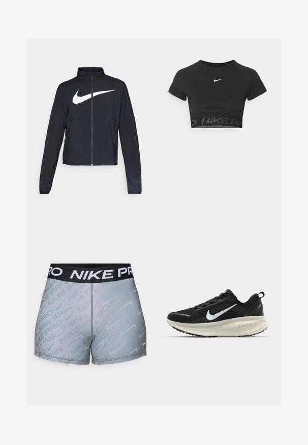 Melnā sporta jaka ar pilnu rāvējslēdzēju, augstu apkakli, garām piedurknēm un lielu baltu Nike swoosh logotipu krūšu daļā.; Melnas sporta topiņš ar īsām piedurknēm, ar balto Nike logo un faktūru joslu ar uzrakstu "NIKE" rakstā apakšmalā.; Nike Pro šorti ar melnu elastīgu jostu ar baltu "NIKE PRO" tekstu, pelēku svītru rakstu un pieguļošu dizainu.; Melnas Nike skriešanas kurpes ar elpojošu acs augšdaļu, baltu Swoosh logotipu, strukturētu apdari un krēmkrāsas ZoomX starpsole.