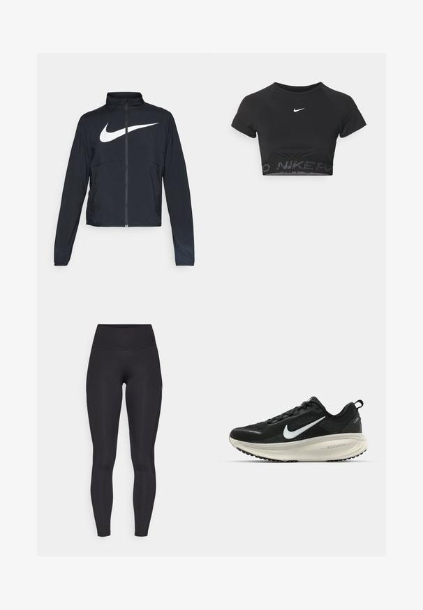 Black full-zip sports jacket with high collar, long sleeves, and large white Nike swoosh logo across the chest.; Black cropped sports top with short sleeves, featuring a white Nike logo and a textured band with "NIKE" in a pattern at the hem.; Nike Performance FAST 7/8 - Leggings - black/white; Black Nike running shoe with breathable mesh upper, white swoosh logo, textured detailing, and a cream-colored ZoomX midsole.