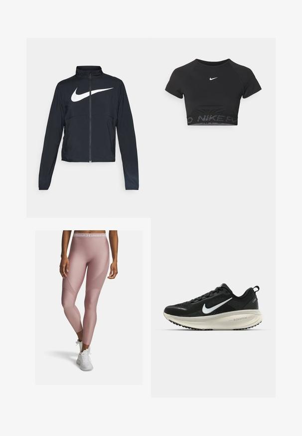 Must musta täispikk vary hoodie kõrge krae, pikad varrukad ja suur valge Nike swooshi logo rinnal.; Mustas lühikeste varrukatega sportlik crop top, millel on valge Nike logo ja tekstuuriga riba, mille servas on mustriga "NIKE".; Heledad roosa sportlikud retuusid, mis on valmistatud venivast kangast. Omavad kõrget vöökohta koos valge brändimisega ning tekstuurseid paneele külgedel.; Musthave mustus Nike jooksujalats, millel on hingav võrgust ülemine osa, valge swoosh logo, tekstuuriga detailid ja kreemja värvusega ZoomX vahevöö.