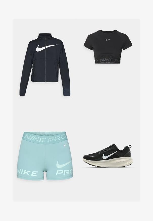 Veste de sport noire zippée sur toute la longueur avec un col haut, des manches longues et un grand logo Nike swoosh blanc sur la poitrine.; Haut de sport noir cropped à manches courtes, avec un logo Nike blanc et une bande texturée avec "NIKE" en motif au bas.; Shorts pour femmes de couleur bleu clair en tissu extensible, dotés d'une large ceinture avec le texte et le logo "NIKE PRO" en blanc.; Baskets de course noir Nike avec tige respirante en mesh, logo swoosh blanc, détails texturés et semelle intermédiaire ZoomX de couleur crème.