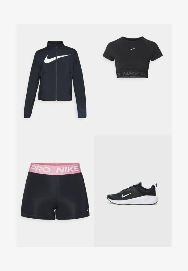 Sort fuld-zip sportsjakke med høj krave, lange ærmer og stort hvidt Nike swoosh-logo på brystet.; Sort cropped sportstop med korte ærmer, prydet med et hvidt Nike-logo og et struktureret bånd med "NIKE" i et mønster ved kanten.; Sorte atletiske shorts med en lyserød elastisk talje, der har "NIKE PRO" tekst. Fremstillet af glat, strækbart stof med en tætsiddende pasform.; Sort atletisk sko med en åndbar tekstiloverdel, hvid swoosh-logo, glat hvid mellemsål og struktureret sort ydersål.